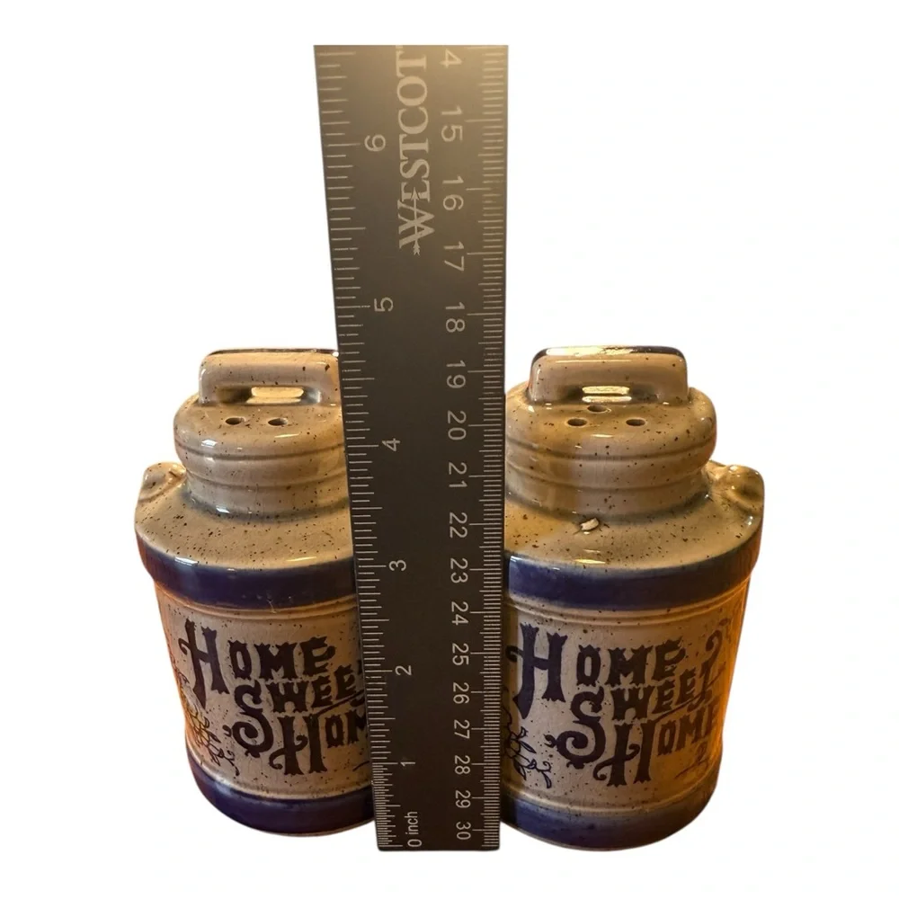 Vintage Ceramic Home Sweet Home Jugs Salt & Pepper Shakers Japan Blue & Grey - Picture 5 of 5